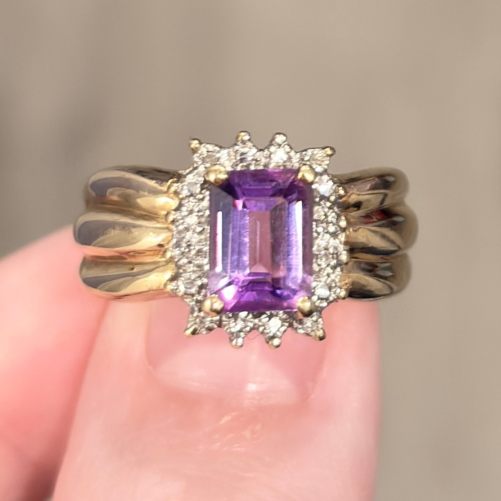 Vintage Emerald Cut Amethyst Ring: 10K Yellow Gold Diamond Halo, Size 7.25